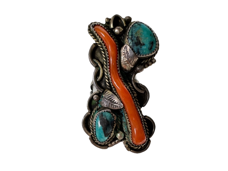 Native American Sterling Silver Turquoise & Red Coral Ring Size 6.5 10.8g [CA] [Photo 1]