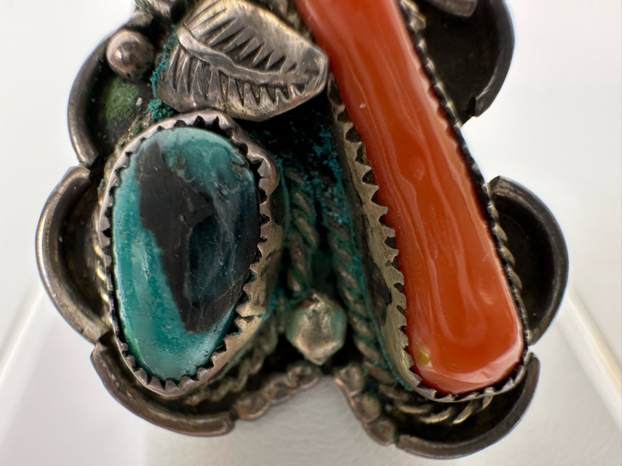Native American Sterling Silver Turquoise & Red Coral Ring Size 6.5 10.8g [CA] [Photo 5]