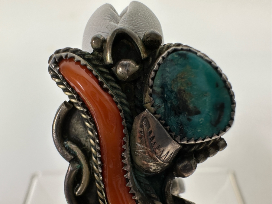 Native American Sterling Silver Turquoise & Red Coral Ring Size 6.5 10.8g [CA] [Photo 6]