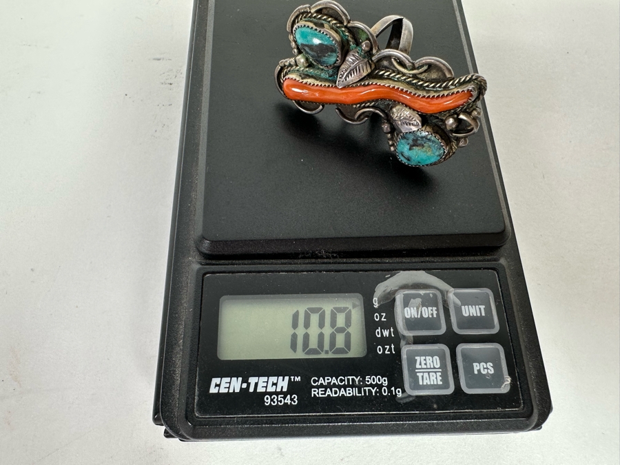 Native American Sterling Silver Turquoise & Red Coral Ring Size 6.5 10.8g [CA] [Photo 12]