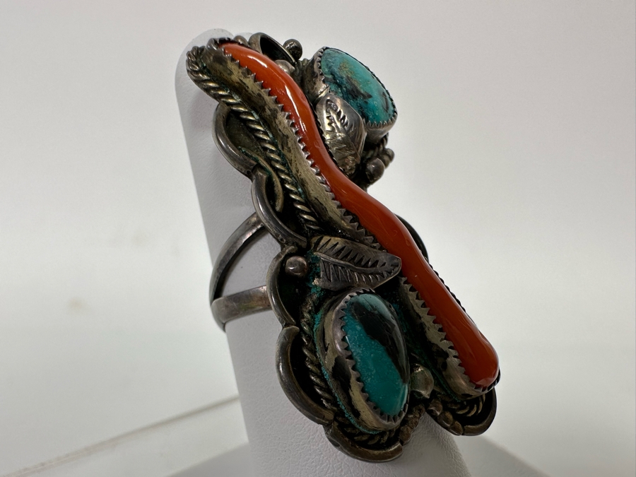 Native American Sterling Silver Turquoise & Red Coral Ring Size 6.5 10.8g [CA] [Photo 7]