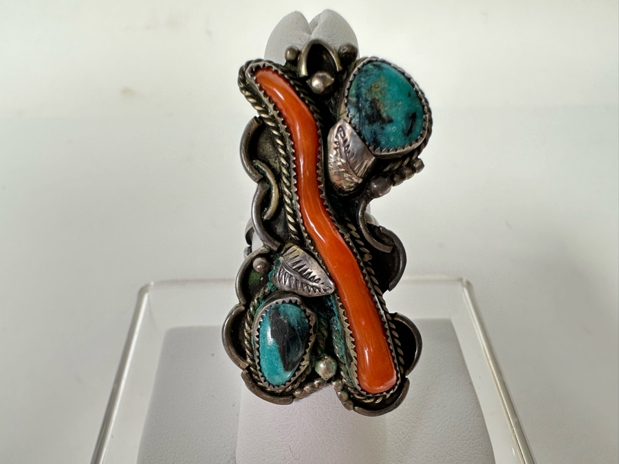 Native American Sterling Silver Turquoise & Red Coral Ring Size 6.5 10.8g [CA] [Photo 2]