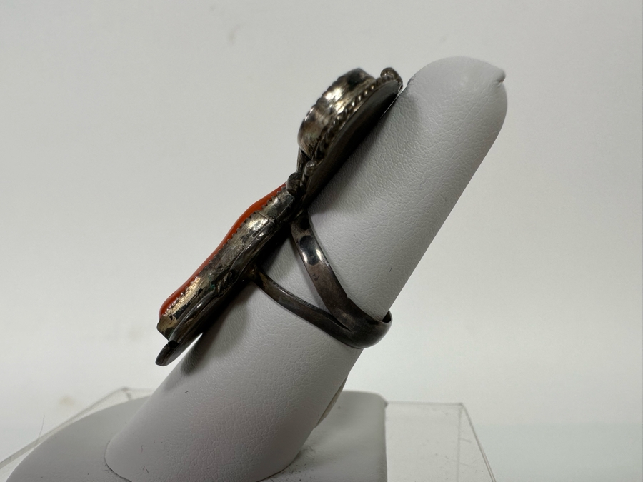 Native American Sterling Silver Turquoise & Red Coral Ring Size 6.5 10.8g [CA] [Photo 8]