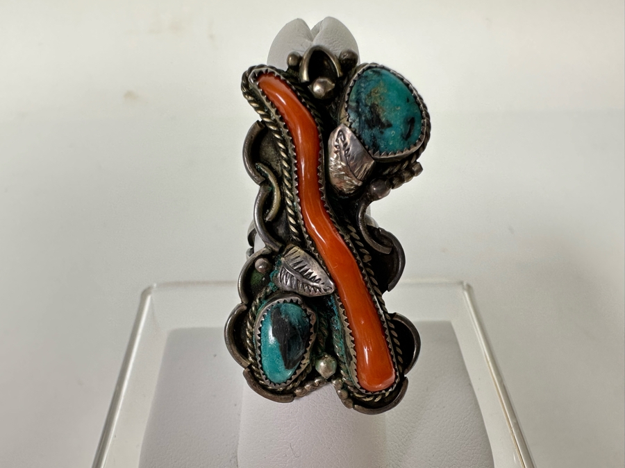 Native American Sterling Silver Turquoise & Red Coral Ring Size 6.5 10.8g [CA] [Photo 4]