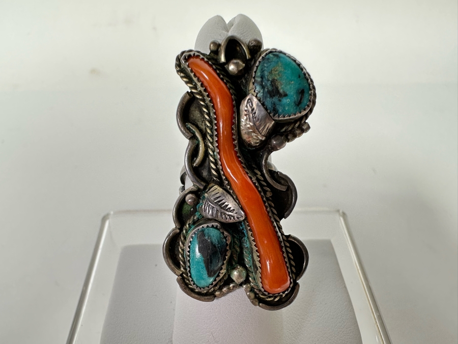 Native American Sterling Silver Turquoise & Red Coral Ring Size 6.5 10.8g [CA] [Photo 3]