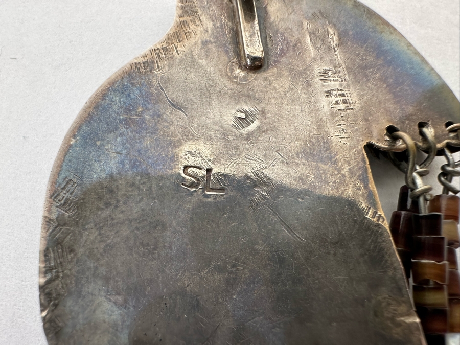 Native American Sterling Silver, Turquoise & Red Coral Pendant Signed SL 2W X 2.5H 26.1g [CA] [Photo 12]