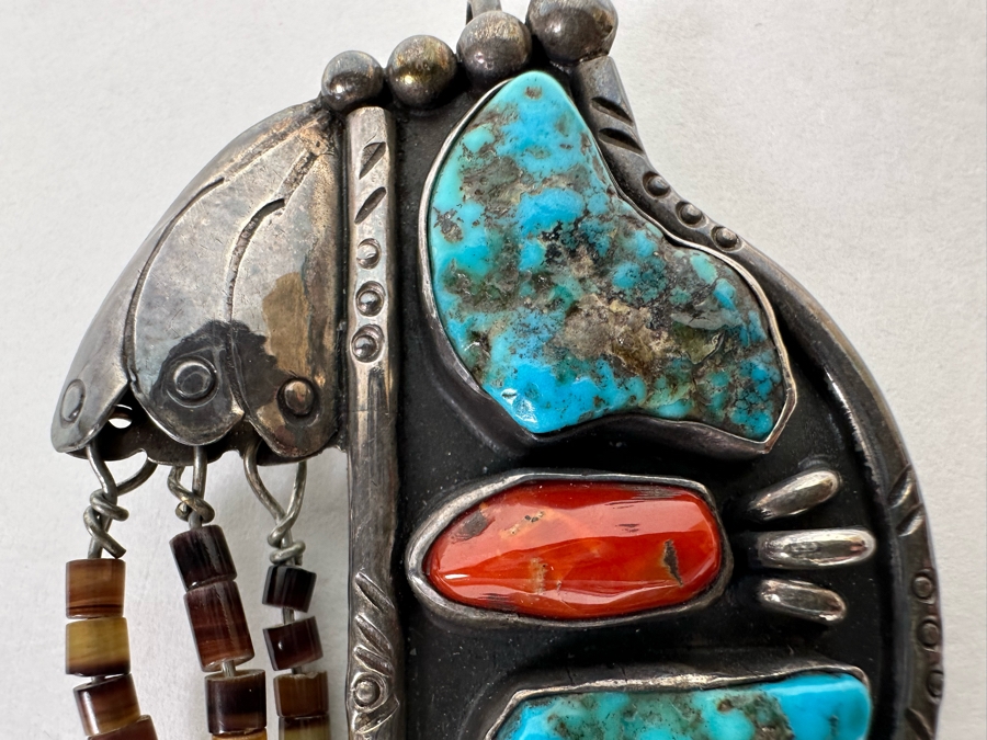 Native American Sterling Silver, Turquoise & Red Coral Pendant Signed SL 2W X 2.5H 26.1g [CA] [Photo 9]