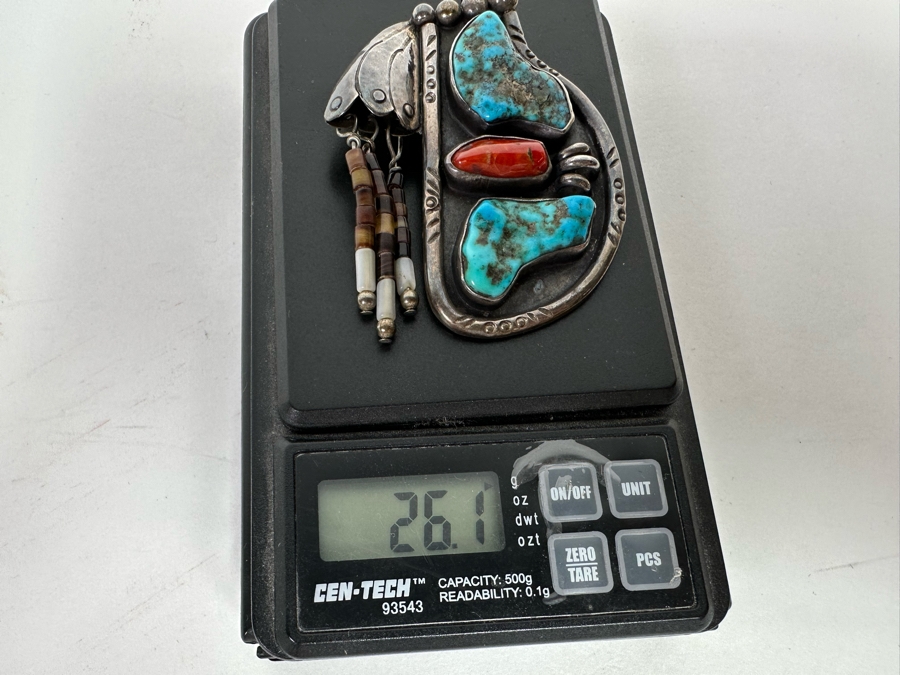 Native American Sterling Silver, Turquoise & Red Coral Pendant Signed SL 2W X 2.5H 26.1g [CA] [Photo 14]