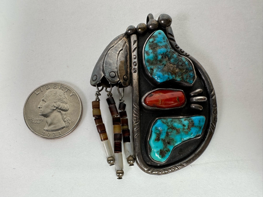 Native American Sterling Silver, Turquoise & Red Coral Pendant Signed SL 2W X 2.5H 26.1g [CA] [Photo 6]