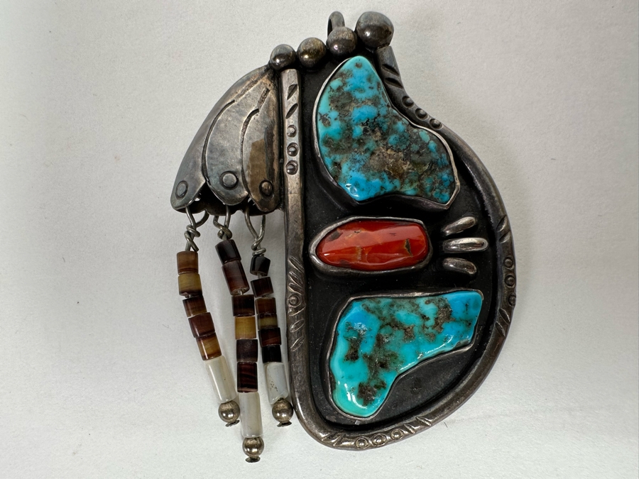 Native American Sterling Silver, Turquoise & Red Coral Pendant Signed SL 2W X 2.5H 26.1g [CA] [Photo 7]