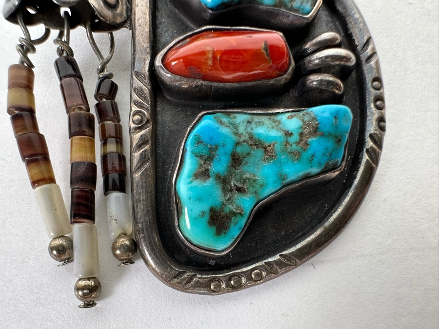Native American Sterling Silver, Turquoise & Red Coral Pendant Signed SL 2W X 2.5H 26.1g [CA] [Photo 8]