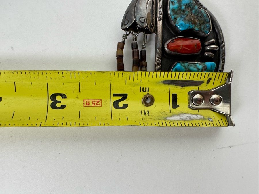 Native American Sterling Silver, Turquoise & Red Coral Pendant Signed SL 2W X 2.5H 26.1g [CA] [Photo 16]