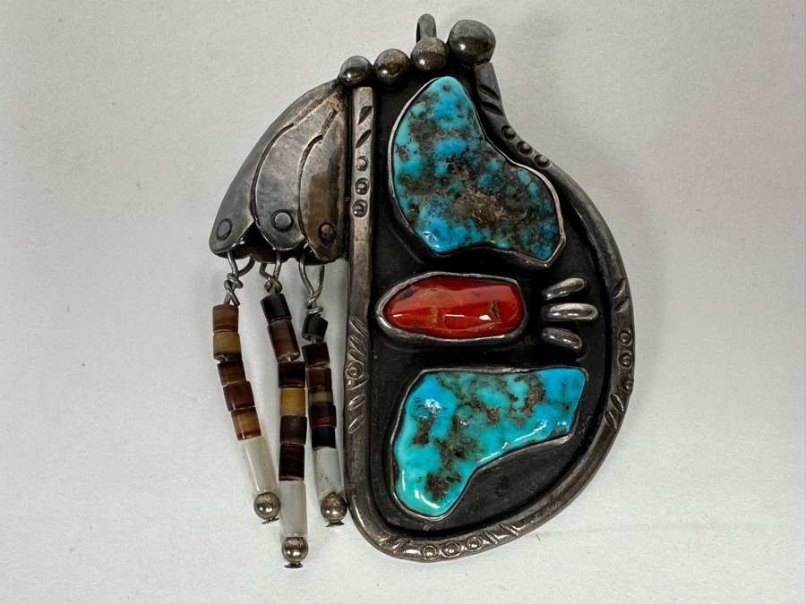 Native American Sterling Silver, Turquoise & Red Coral Pendant Signed SL 2W X 2.5H 26.1g [CA] [Photo 5]