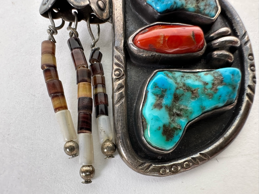 Native American Sterling Silver, Turquoise & Red Coral Pendant Signed SL 2W X 2.5H 26.1g [CA] [Photo 10]