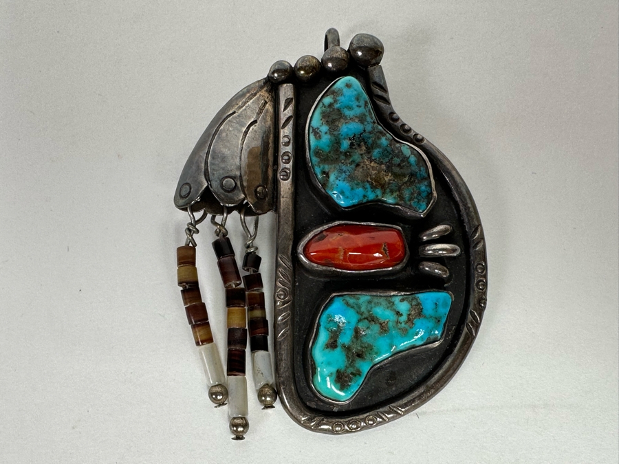 Native American Sterling Silver, Turquoise & Red Coral Pendant Signed SL 2W X 2.5H 26.1g [CA] [Photo 4]