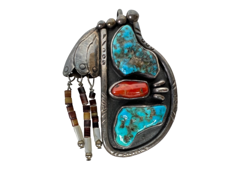 Native American Sterling Silver, Turquoise & Red Coral Pendant Signed SL 2W X 2.5H 26.1g [CA] [Photo 1]