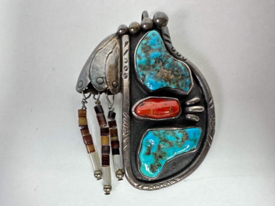 Native American Sterling Silver, Turquoise & Red Coral Pendant Signed SL 2W X 2.5H 26.1g [CA] [Photo 3]