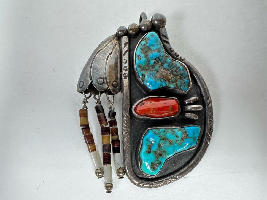 Native American Sterling Silver, Turquoise & Red Coral Pendant Signed SL 2W X 2.5H 26.1g [CA] [Photo 2]