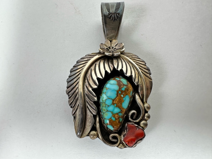 Native American Sterling Silver Double-Sided Pendant With Turquoise & Red Coral On One Side And Turquoise And Lapis Lazuli On Other Side 1.25W X 2.25H 29.5g - See Photos [CA] [Photo 3]