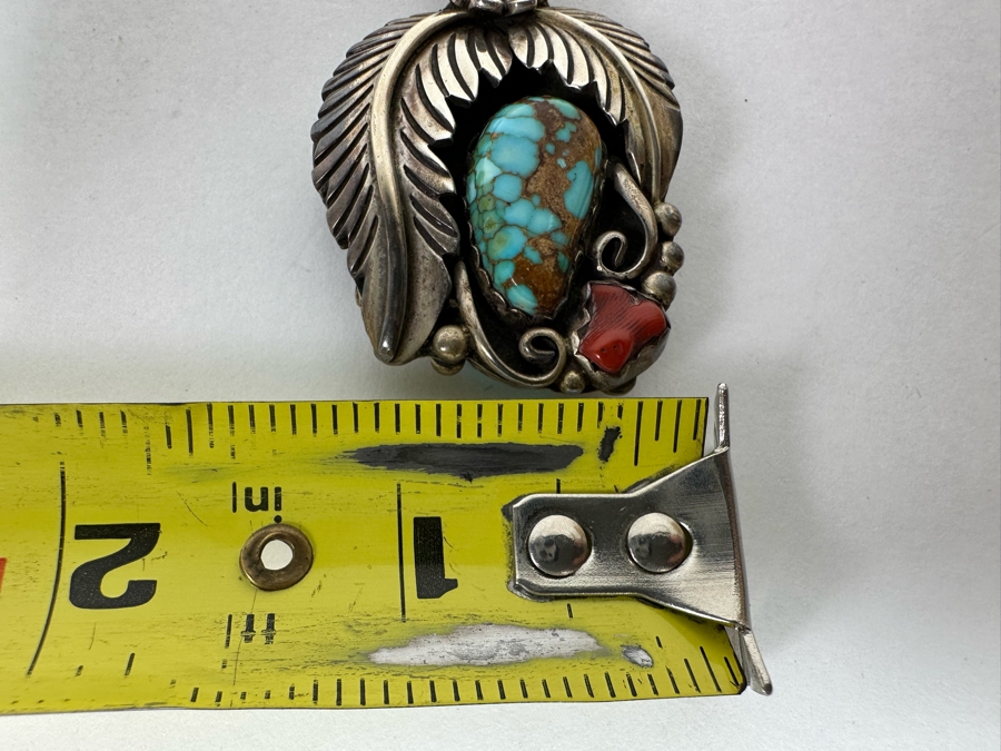 Native American Sterling Silver Double-Sided Pendant With Turquoise & Red Coral On One Side And Turquoise And Lapis Lazuli On Other Side 1.25W X 2.25H 29.5g - See Photos [CA] [Photo 10]