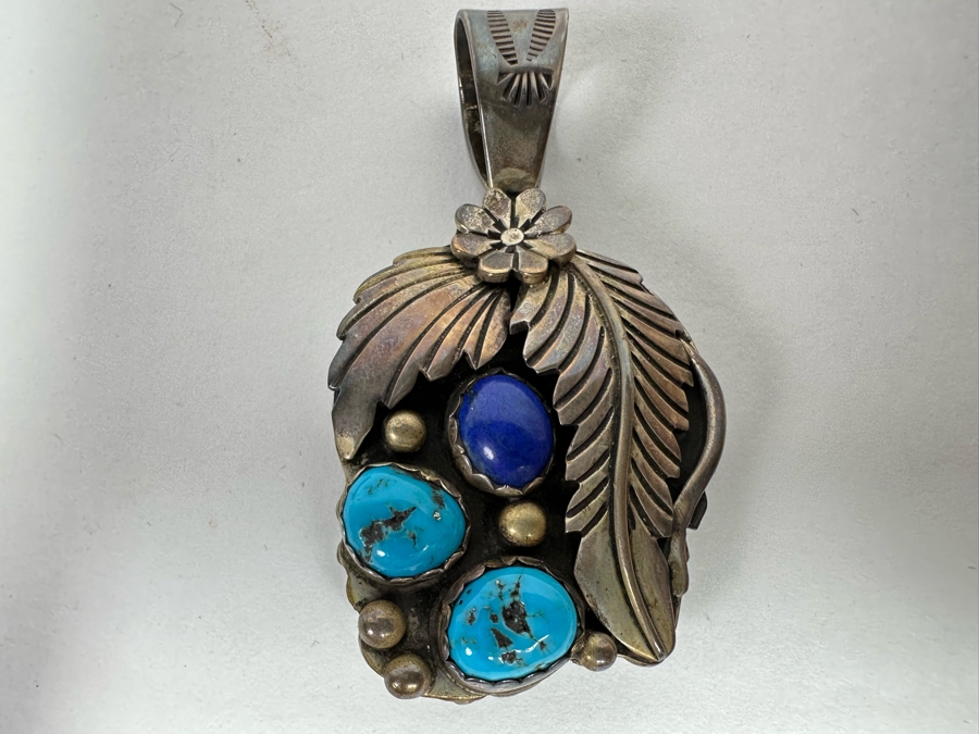 Native American Sterling Silver Double-Sided Pendant With Turquoise & Red Coral On One Side And Turquoise And Lapis Lazuli On Other Side 1.25W X 2.25H 29.5g - See Photos [CA] [Photo 2]