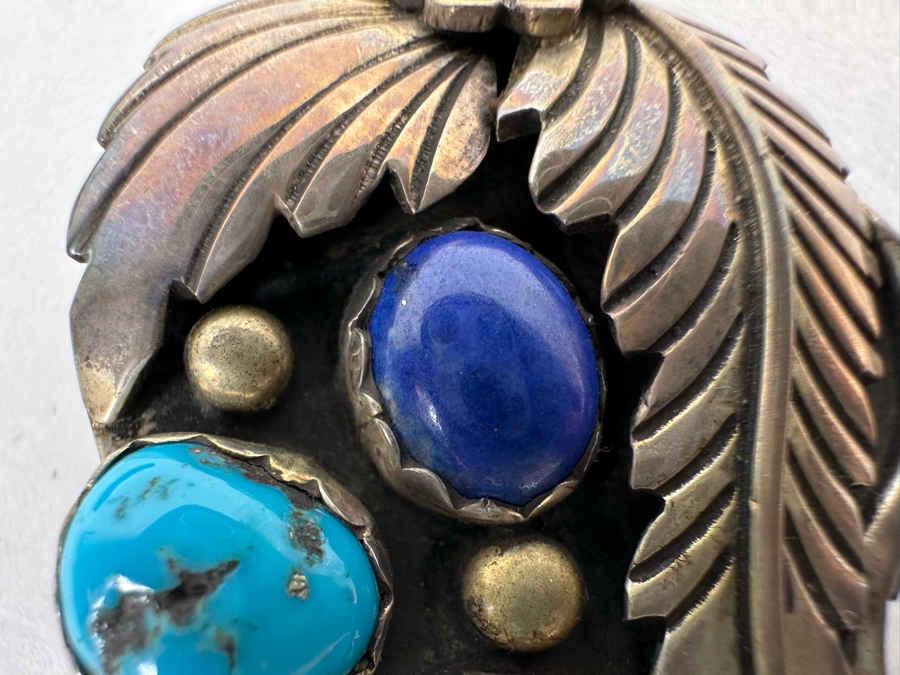 Native American Sterling Silver Double-Sided Pendant With Turquoise & Red Coral On One Side And Turquoise And Lapis Lazuli On Other Side 1.25W X 2.25H 29.5g - See Photos [CA] [Photo 8]