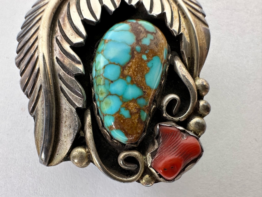 Native American Sterling Silver Double-Sided Pendant With Turquoise & Red Coral On One Side And Turquoise And Lapis Lazuli On Other Side 1.25W X 2.25H 29.5g - See Photos [CA] [Photo 5]