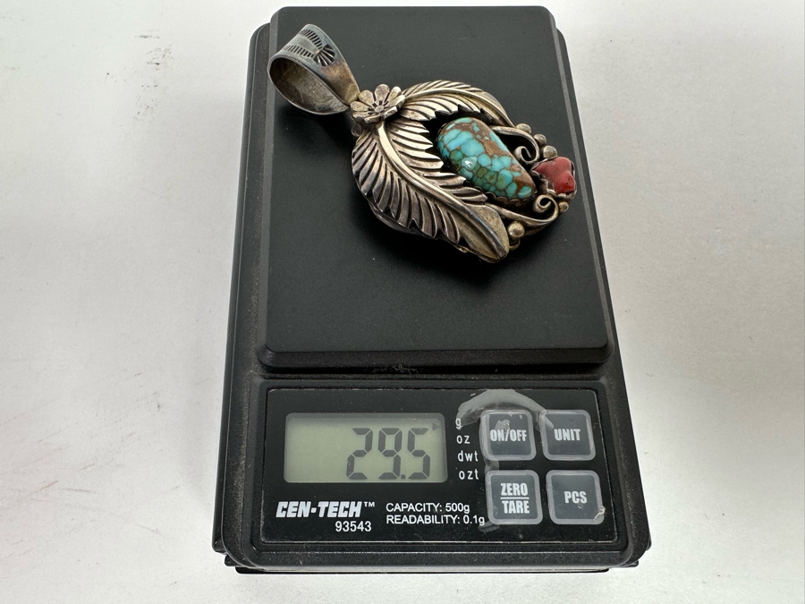 Native American Sterling Silver Double-Sided Pendant With Turquoise & Red Coral On One Side And Turquoise And Lapis Lazuli On Other Side 1.25W X 2.25H 29.5g - See Photos [CA] [Photo 11]