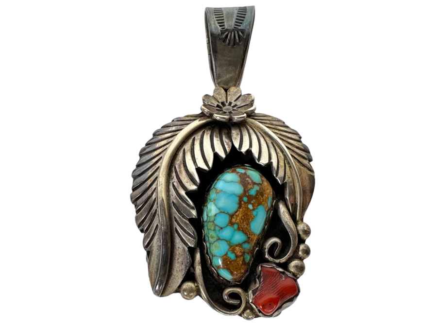 Native American Sterling Silver Double-Sided Pendant With Turquoise & Red Coral On One Side And Turquoise And Lapis Lazuli On Other Side 1.25W X 2.25H 29.5g - See Photos [CA] [Photo 1]
