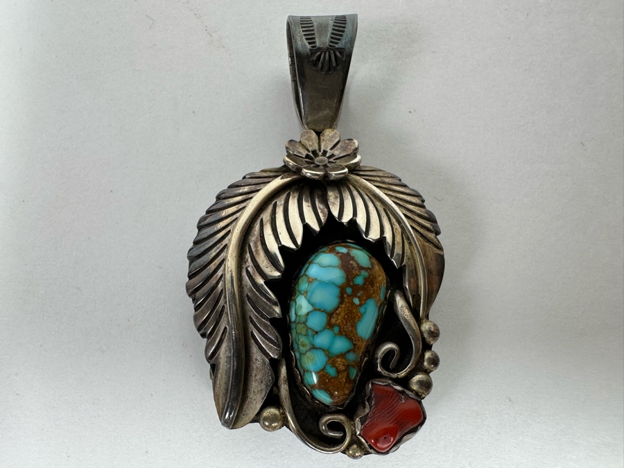 Native American Sterling Silver Double-Sided Pendant With Turquoise & Red Coral On One Side And Turquoise And Lapis Lazuli On Other Side 1.25W X 2.25H 29.5g - See Photos [CA] [Photo 4]