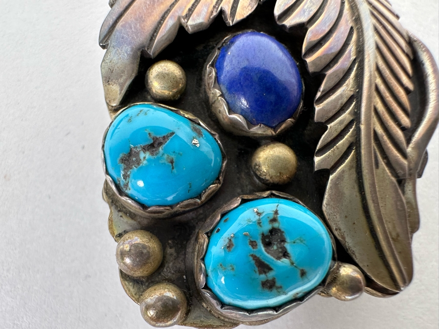 Native American Sterling Silver Double-Sided Pendant With Turquoise & Red Coral On One Side And Turquoise And Lapis Lazuli On Other Side 1.25W X 2.25H 29.5g - See Photos [CA] [Photo 7]