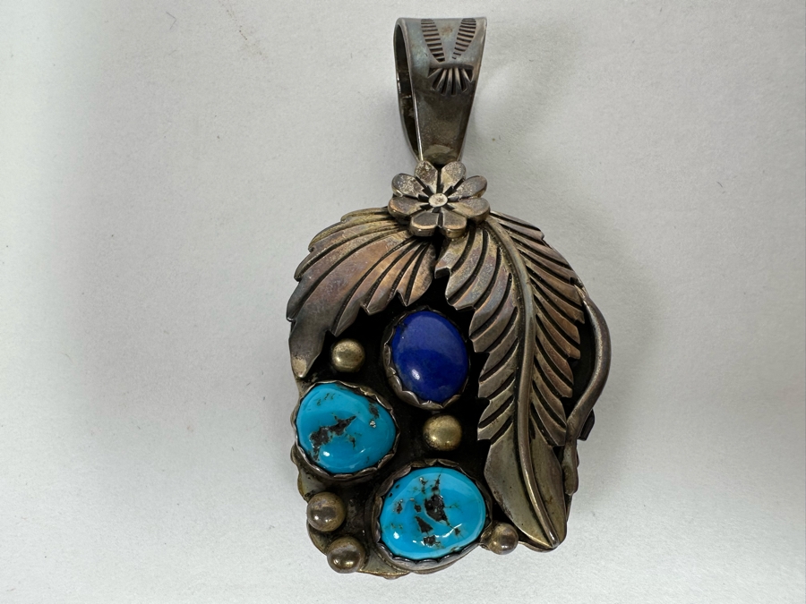 Native American Sterling Silver Double-Sided Pendant With Turquoise & Red Coral On One Side And Turquoise And Lapis Lazuli On Other Side 1.25W X 2.25H 29.5g - See Photos [CA] [Photo 6]