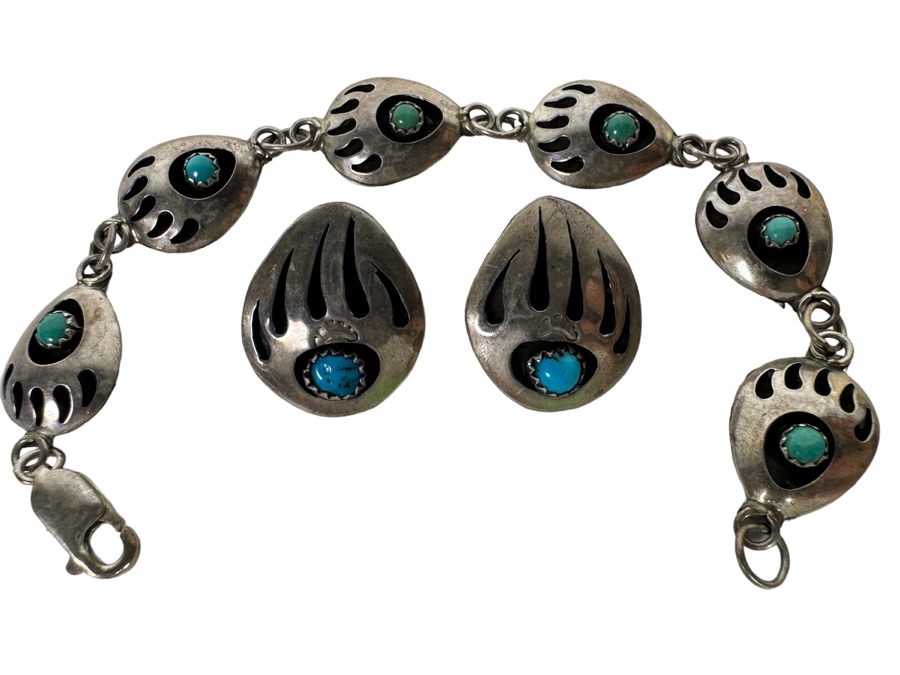 Native American Sterling Silver Turquoise 18' Necklace With Matching Bracelet 6.5L And Earrings 25.7g [CA] [Photo 3]