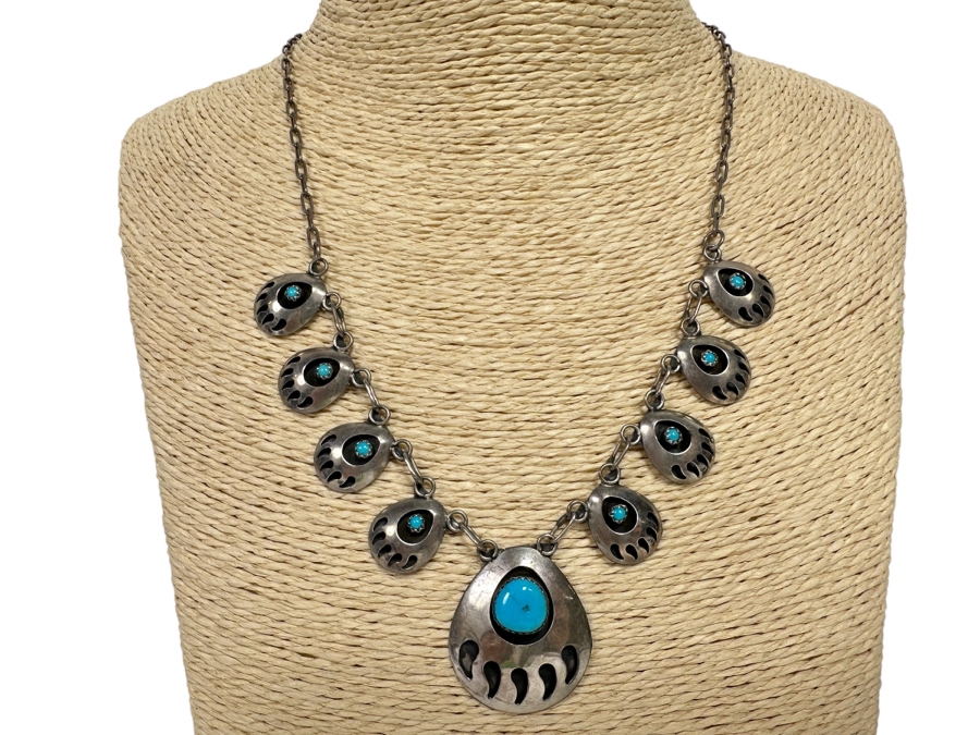 Native American Sterling Silver Turquoise 18' Necklace With Matching Bracelet 6.5L And Earrings 25.7g [CA] [Photo 2]