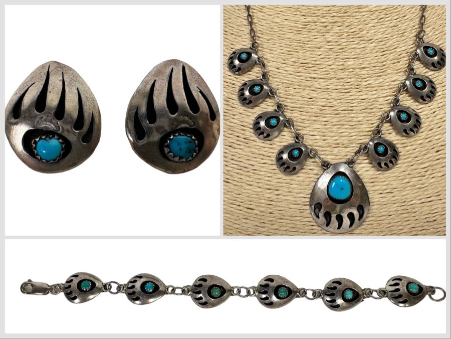 Native American Sterling Silver Turquoise 18' Necklace With Matching Bracelet 6.5L And Earrings 25.7g [CA] [Photo 1]