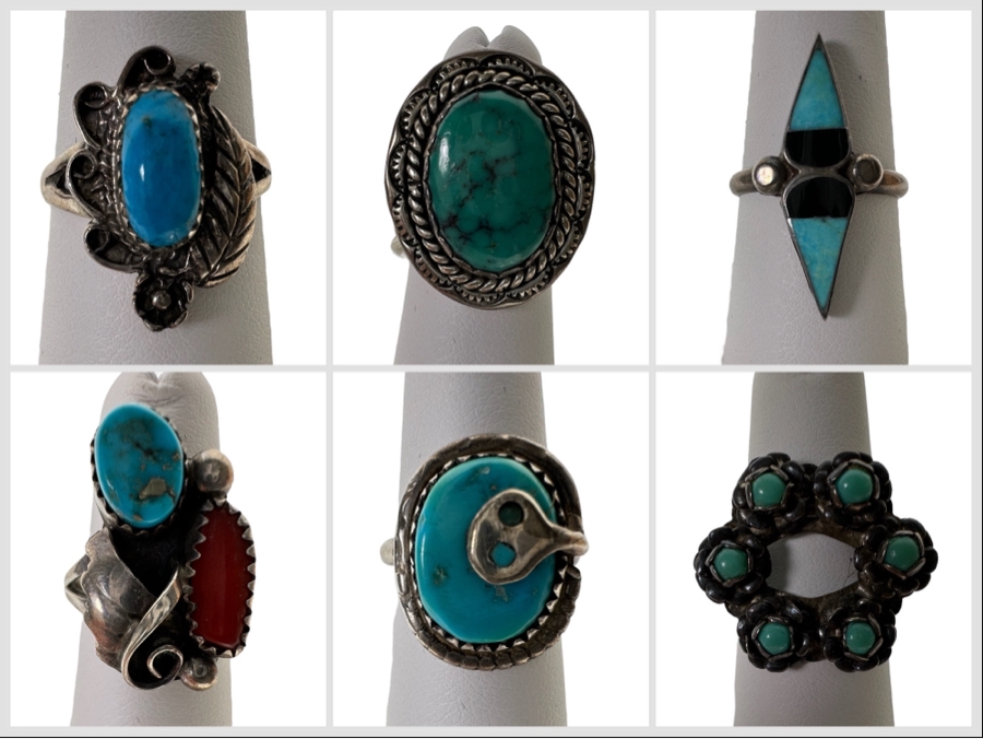 Six Sterling Silver Turquoise Rings 29.1g [CA] [Photo 1]