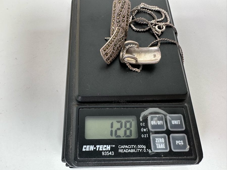 Vintage Sterling Silver Marcasite Pendant With 15' Sterling Necklace And Matching Earrings 12.8g [CA] [Photo 8]