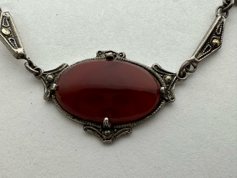 Vintage Sterling Silver Orange Red Jasper Agate & Marcasite 15' Necklace 10.5g [Photo 11]