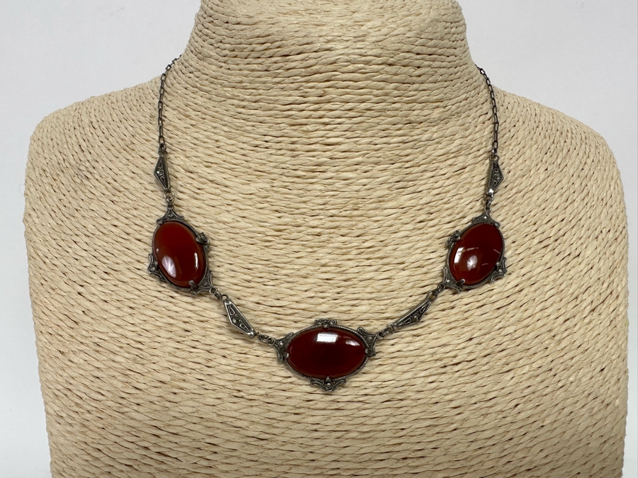 Vintage Sterling Silver Orange Red Jasper Agate & Marcasite 15' Necklace 10.5g [Photo 3]