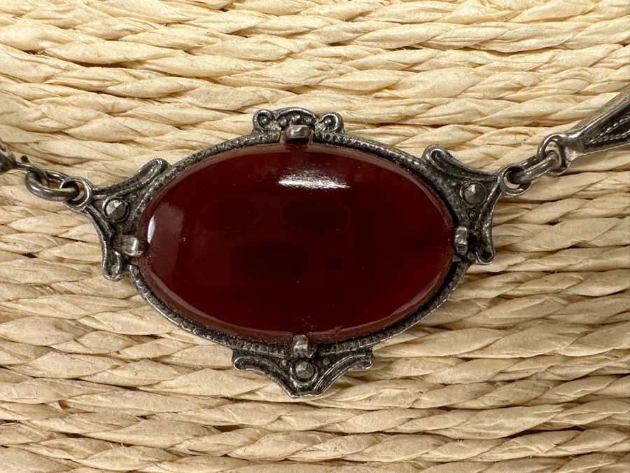 Vintage Sterling Silver Orange Red Jasper Agate & Marcasite 15' Necklace 10.5g [Photo 5]