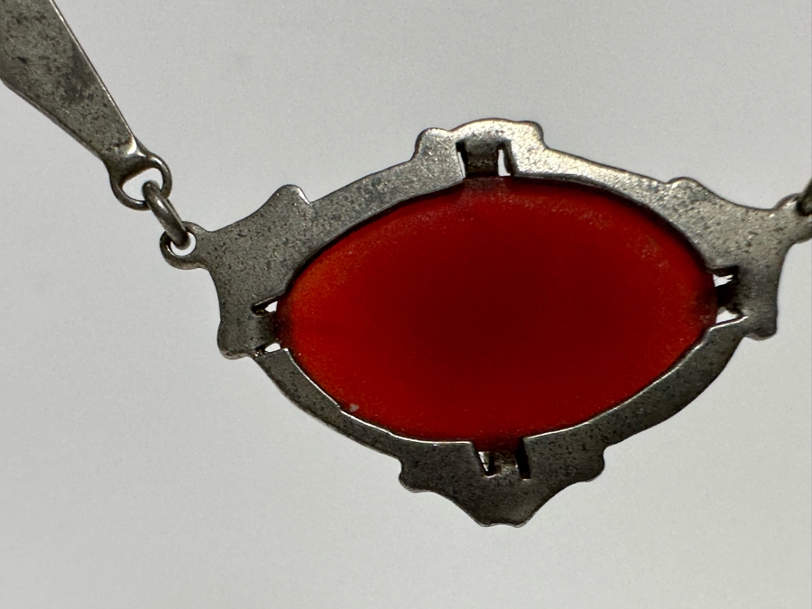 Vintage Sterling Silver Orange Red Jasper Agate & Marcasite 15' Necklace 10.5g [Photo 10]
