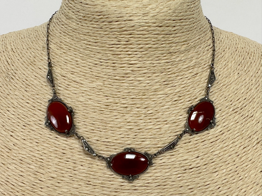 Vintage Sterling Silver Orange Red Jasper Agate & Marcasite 15' Necklace 10.5g [Photo 2]
