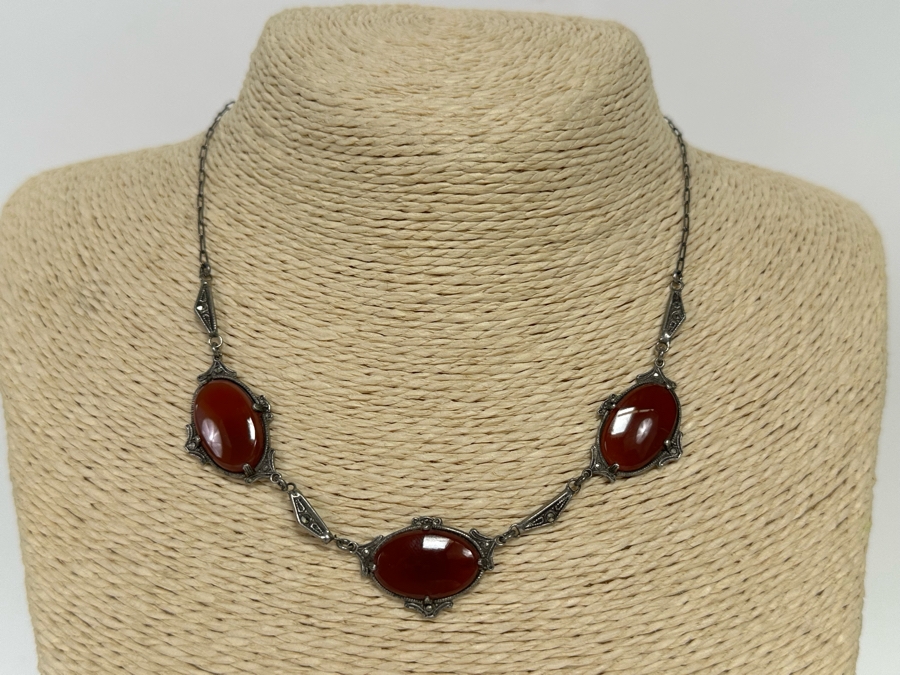 Vintage Sterling Silver Orange Red Jasper Agate & Marcasite 15' Necklace 10.5g [Photo 4]