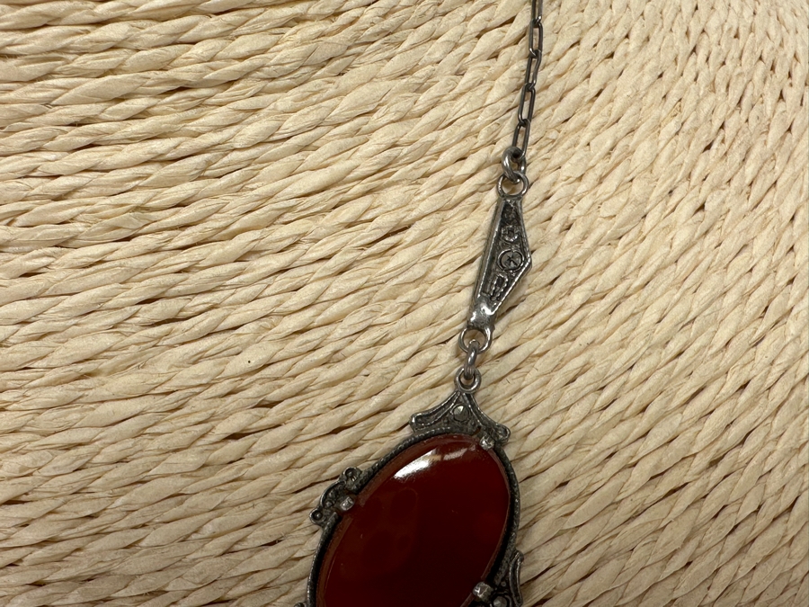 Vintage Sterling Silver Orange Red Jasper Agate & Marcasite 15' Necklace 10.5g [Photo 7]