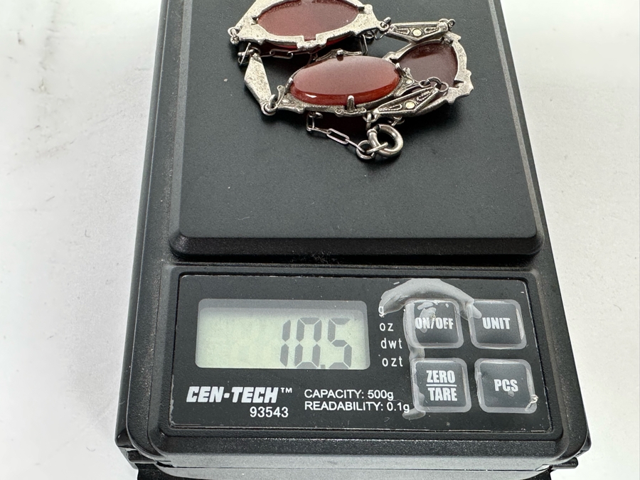 Vintage Sterling Silver Orange Red Jasper Agate & Marcasite 15' Necklace 10.5g [Photo 12]