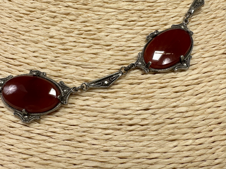 Vintage Sterling Silver Orange Red Jasper Agate & Marcasite 15' Necklace 10.5g [Photo 6]