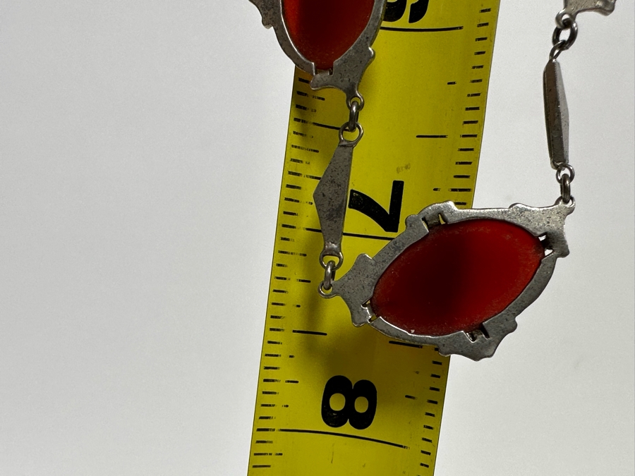 Vintage Sterling Silver Orange Red Jasper Agate & Marcasite 15' Necklace 10.5g [Photo 9]