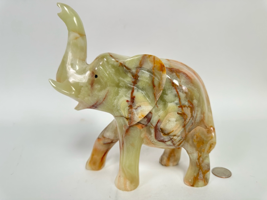Carved Green Onyx Elephant With Raised Trunk Sculpture Signed 8W X 3D X 8.5H [Photo 8]