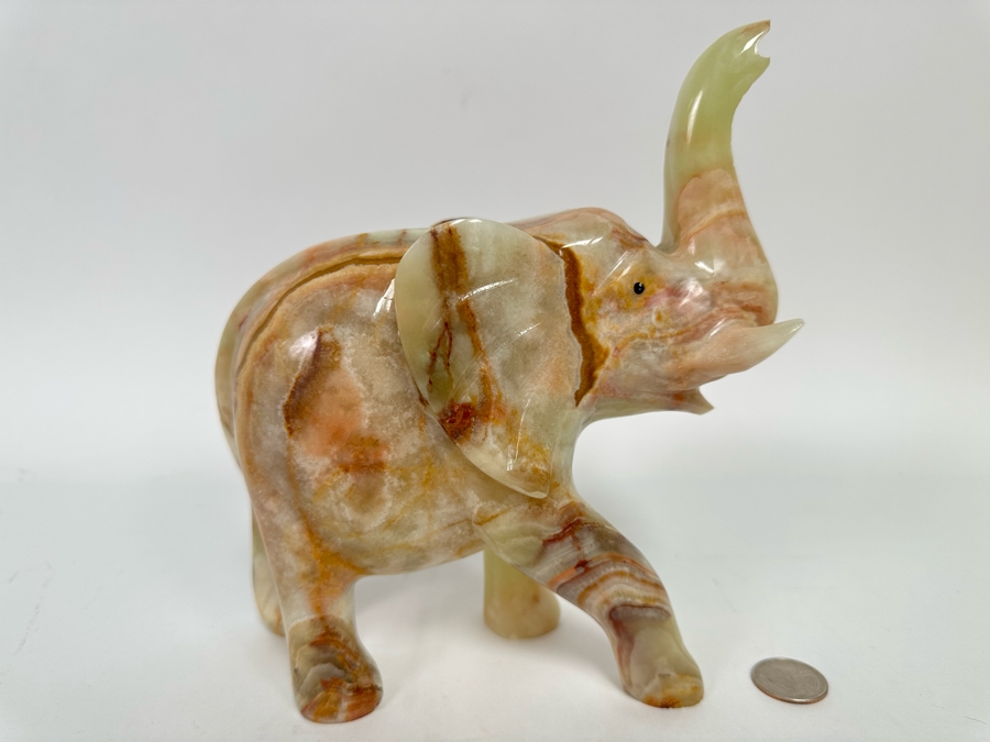 Carved Green Onyx Elephant With Raised Trunk Sculpture Signed 8W X 3D X 8.5H [Photo 4]