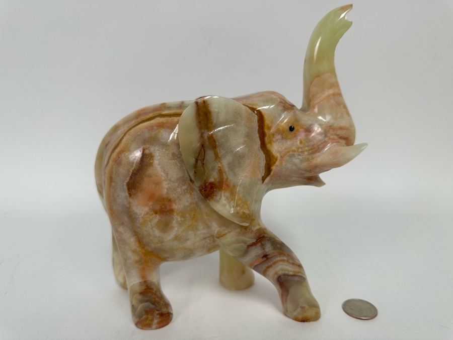 Carved Green Onyx Elephant With Raised Trunk Sculpture Signed 8W X 3D X 8.5H [Photo 3]